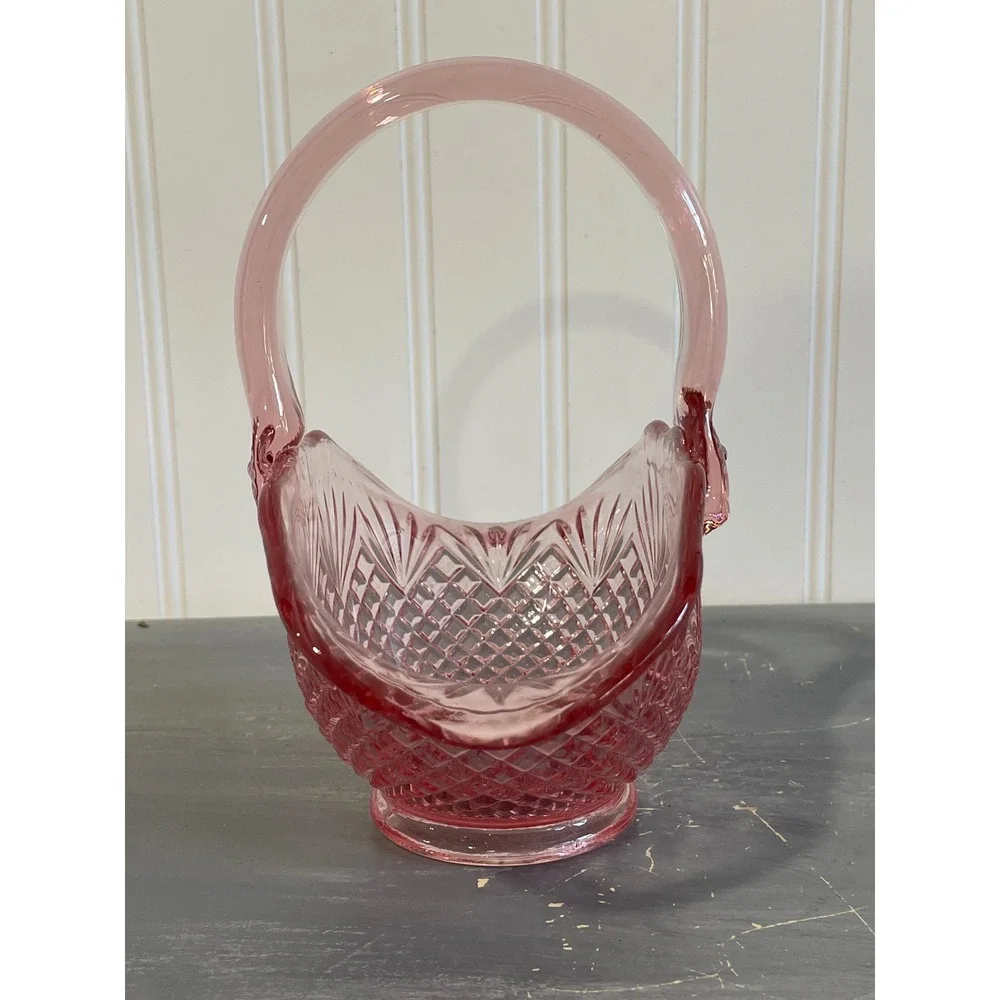 Vintage Pink Depression Glass Basket Diamond Point Starburst Pattern 7.25 Inch